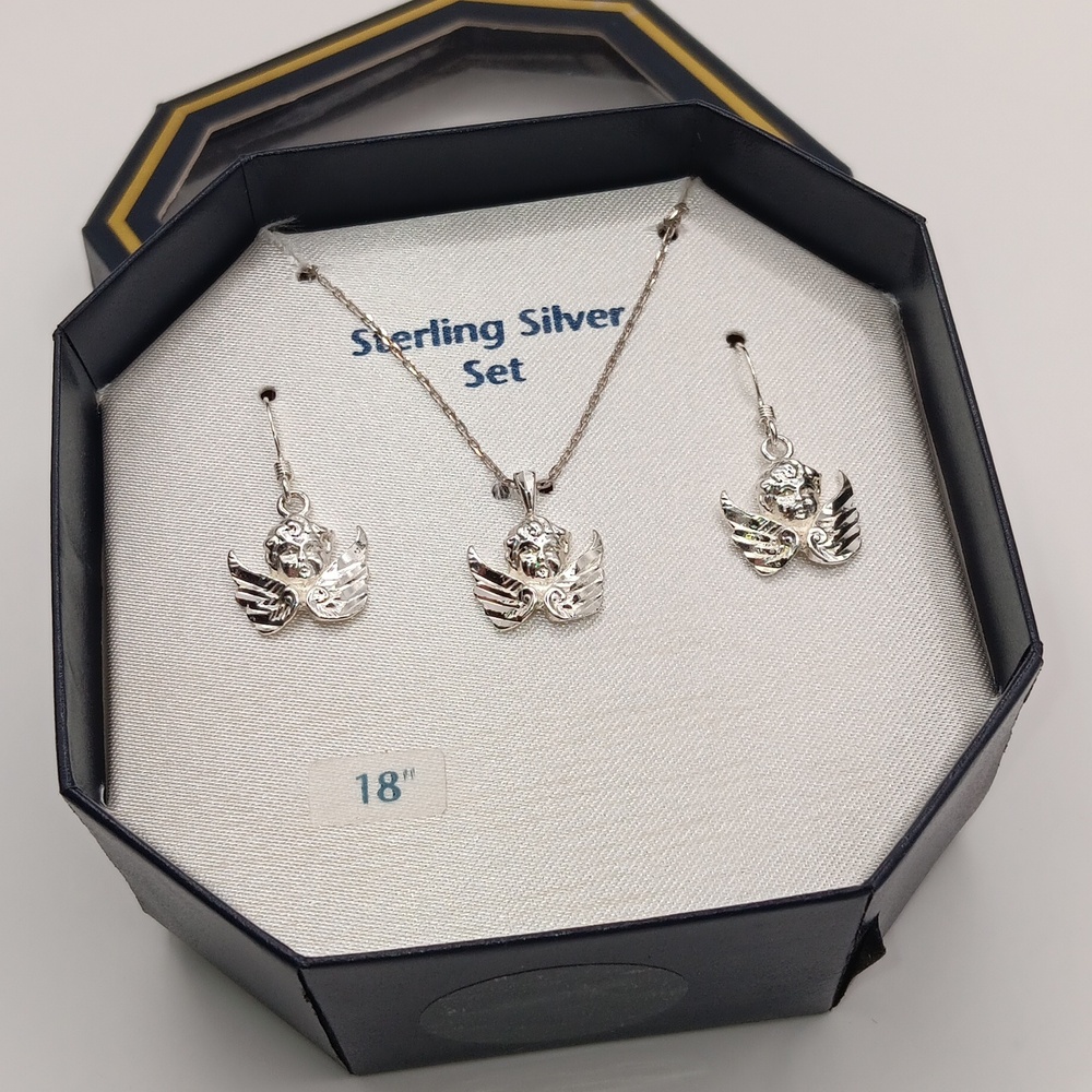 Sterling Silver 925 Diamond Cut Angel Necklace & Earring Set - Silver